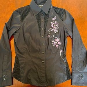 bebe womens black button down top blouse with embroidered flowers size medium